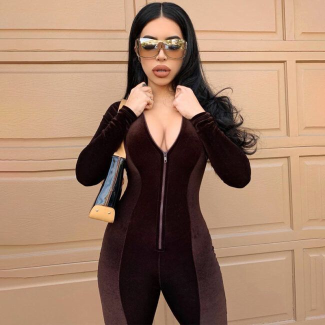 1680171352 LongSleeveVelvetZipperBodyconJumpsuit brown 2